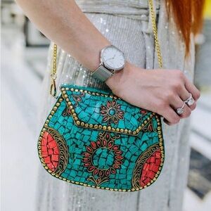 RAMLA Jewel Bag Turquoise & Coral Mosaic Crossbody with Gold Chain Detail